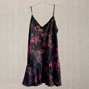 Delicates Floral Satin Slip Dress L Lace Trim Fairy Grunge Coquette Y2K Black